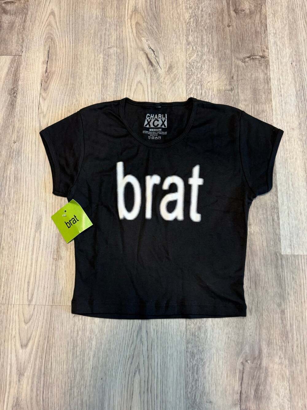 NWT Official Charli XCX Black Brat Crop Top Baby Tee Size M Hyperpop Y2K Rave